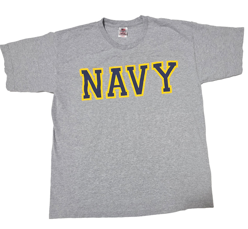 Bayside USA US Navy T Shirt Mens Large Gray Spellout Military Athletic Tee